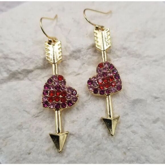 Earrings Heart Arrow Key Dangle Red Pink Gold Jewelry Gift Betsey Johnson Vibes - Picture 8 of 9